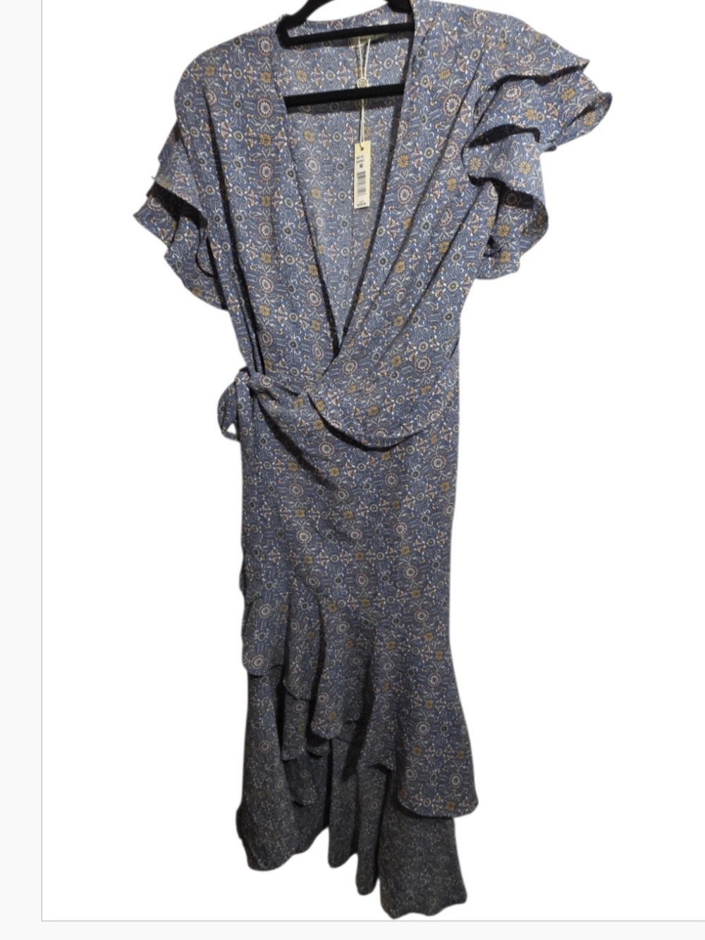 NWT Max Studio Blue Floral Faux Wrap Ruffle Midi Dress Size M - Picture 2 of 9